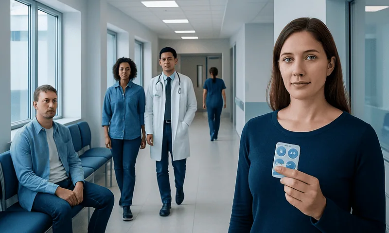 Young woman holding a pill blister pack in a hospital corridor.