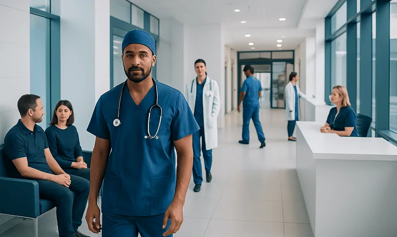 Medical team at Acibadem Hospitals Group in a modern hospital corridor.