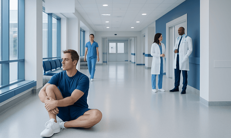 Patient sitting on hospital corridor floor with medical staff in background.