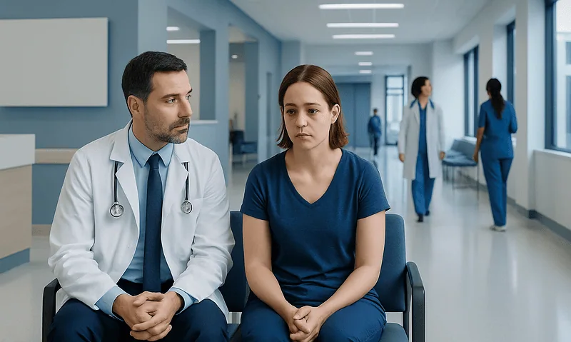 Doctor consulting with a young female patient in hospital corridor.