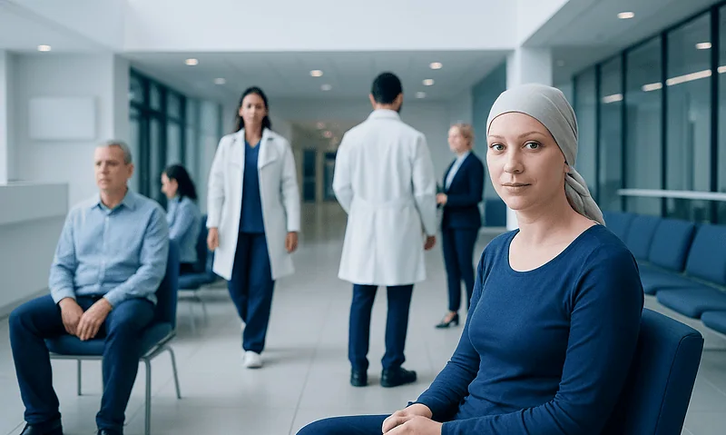 Young woman with a headscarf in a hospital waiting area.