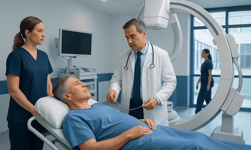 Doctor preparing for heart catheterization procedure in hospital.
