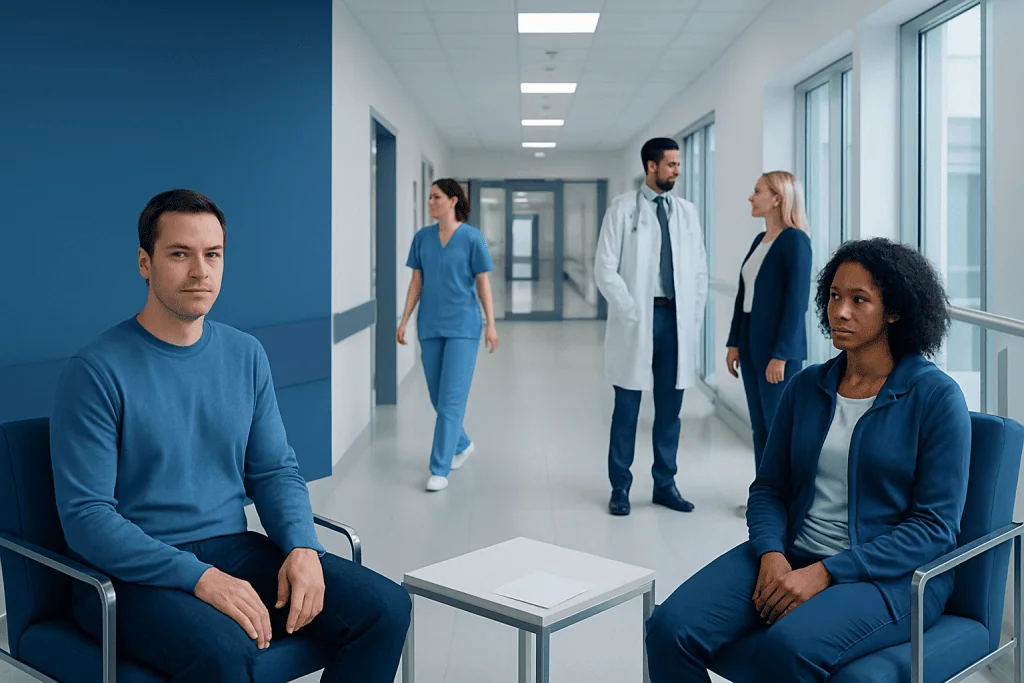 Hims Review: What Patients Need to Know 1 Patients waiting in a modern hospital corridor with medical staff nearby.