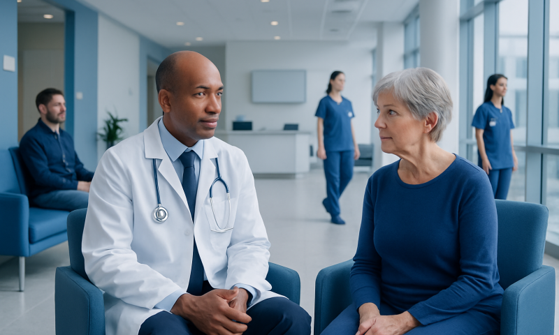 Doctor consulting a patient in a modern hospital waiting area.