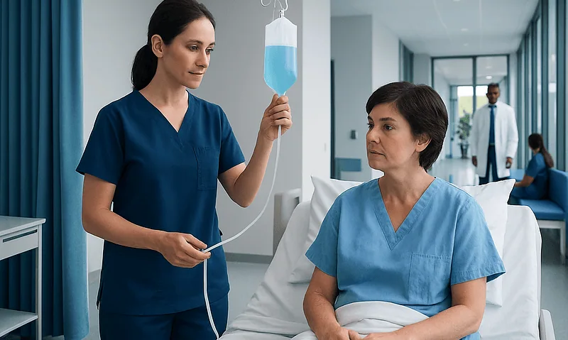 Nurse preparing enema solution for patient in hospital room.