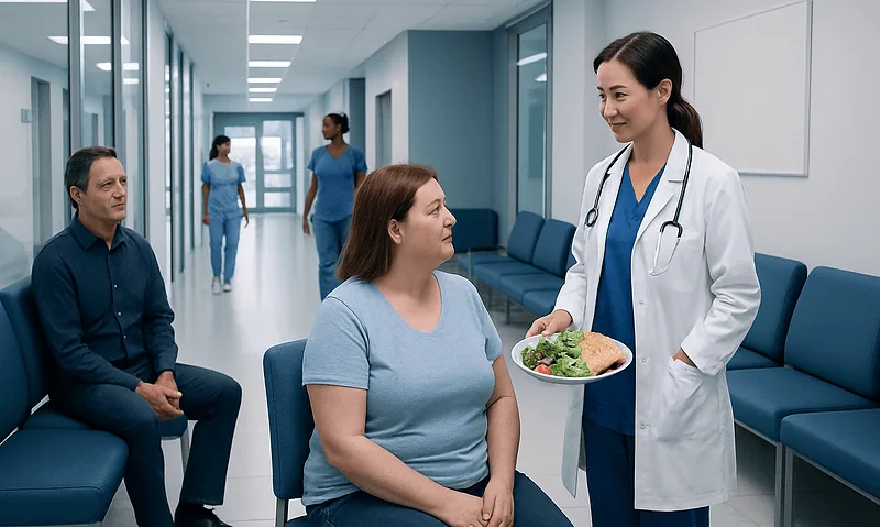 Doctor speaking with a patient in a hospital corridor.