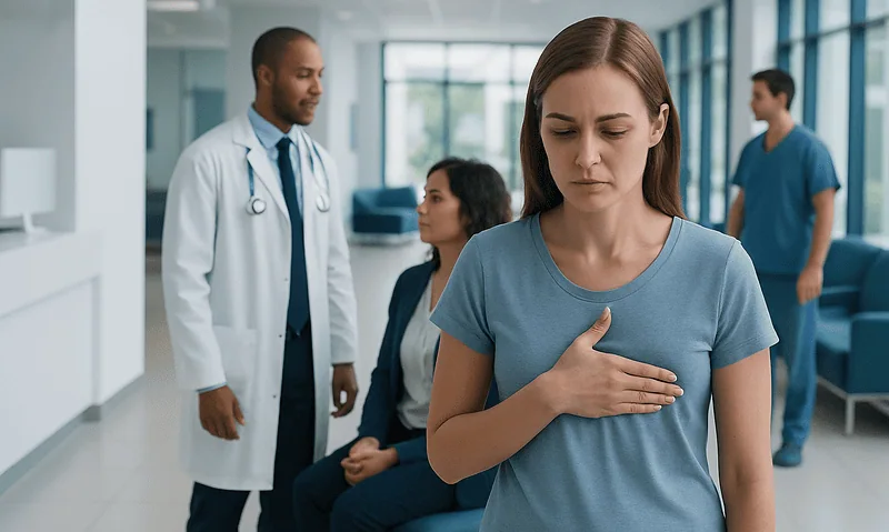 Young woman experiencing chest discomfort in a hospital setting.