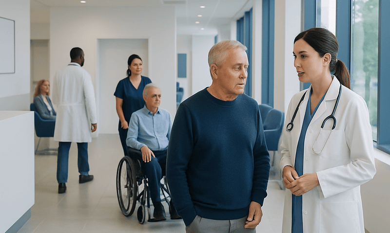 Doctor consulting elderly patient in hospital corridor with staff and wheelchair in background.
