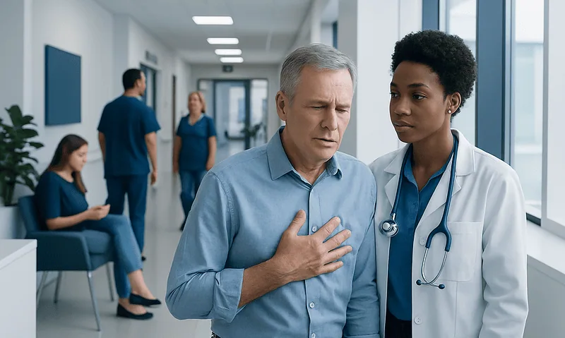Senior man experiencing chest pain in hospital corridor with healthcare staff nearby.