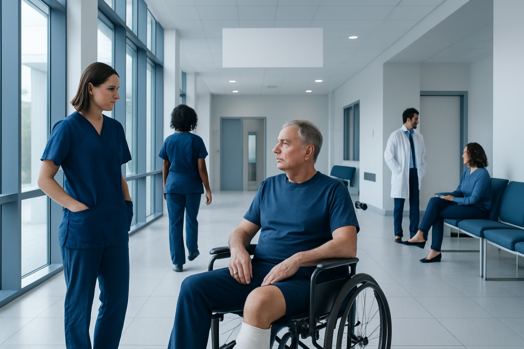Recovery Time for Stent in Leg Recovery: A Week-by-Week Timeline 1 Hospital corridor with patients and staff, including a man in wheelchair and nurses.