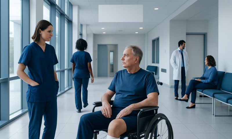 Hospital corridor with patients and staff, including a man in wheelchair and nurses.