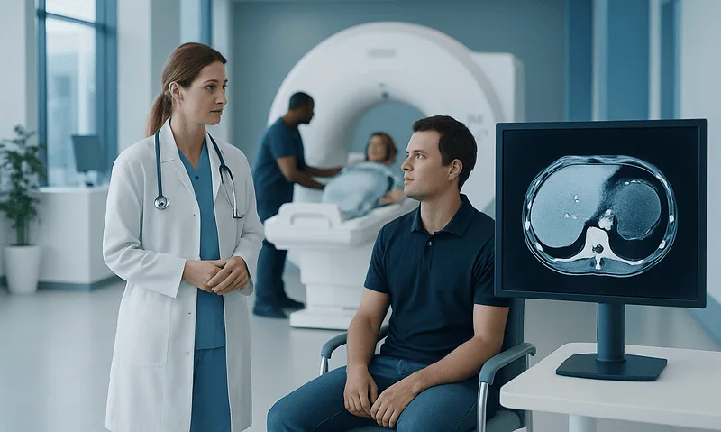 Doctor discussing MRI results with patient in hospital corridor.