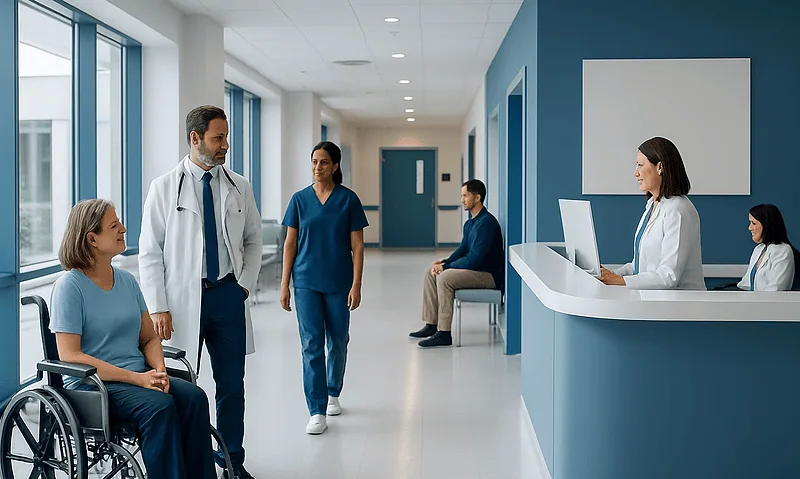 Hospital staff consulting with a patient in a wheelchair in a modern medical facility.