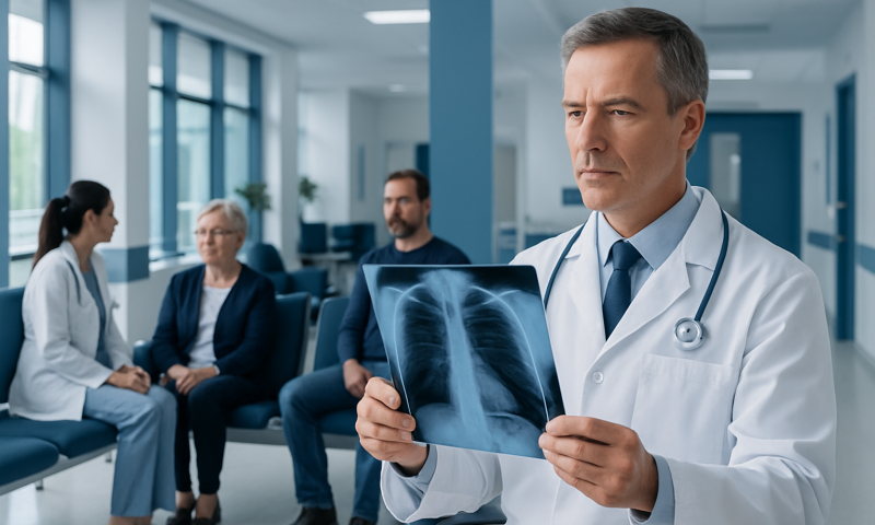 Doctor examining lung X-ray in a hospital setting with patients nearby.