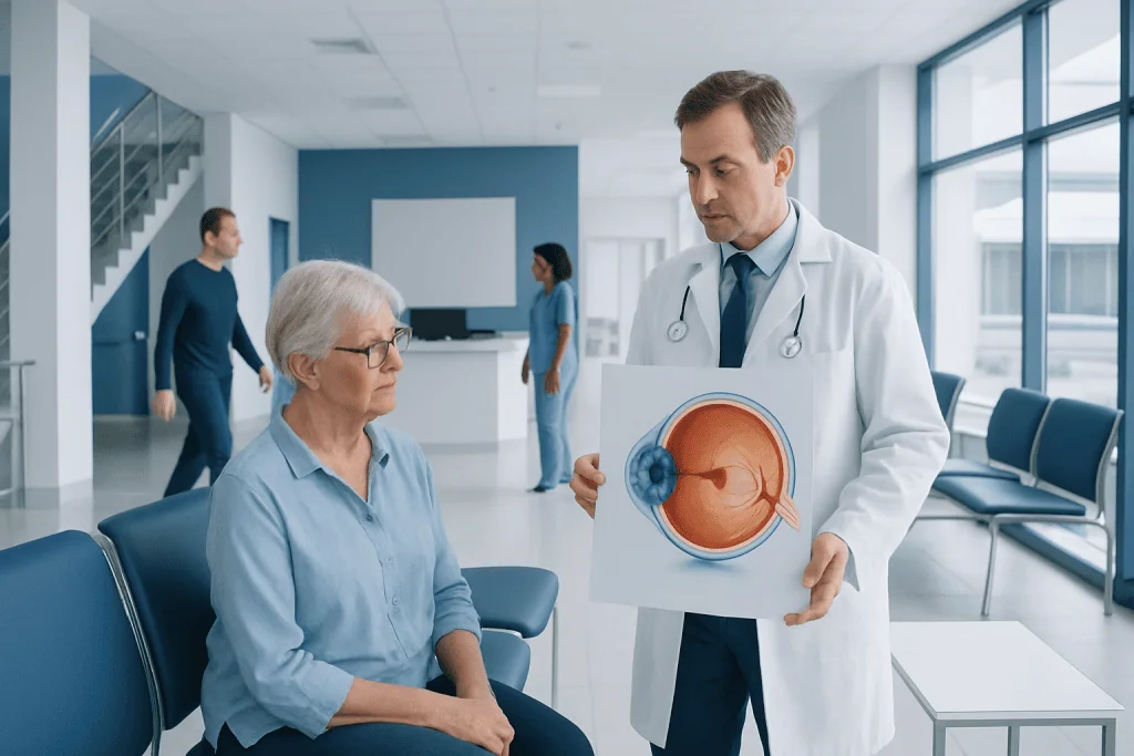 Macular Hole: What Patients Need to Know 1 Ophthalmologist explains macular hole to elderly patient in clinic.