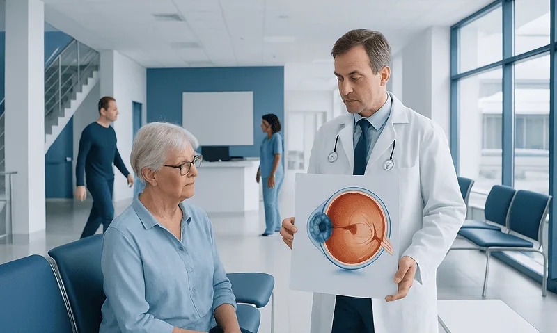 Ophthalmologist explains macular hole to elderly patient in clinic.