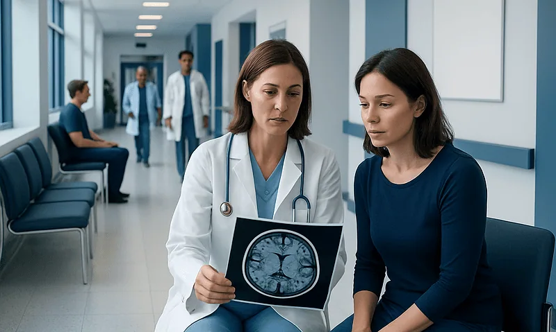Doctor explaining brain MRI scan to patient in hospital corridor.