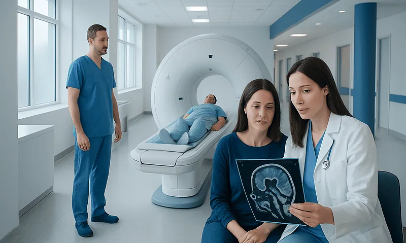 Medical professionals review brain scan in MRI room at Acibadem Hospitals.
