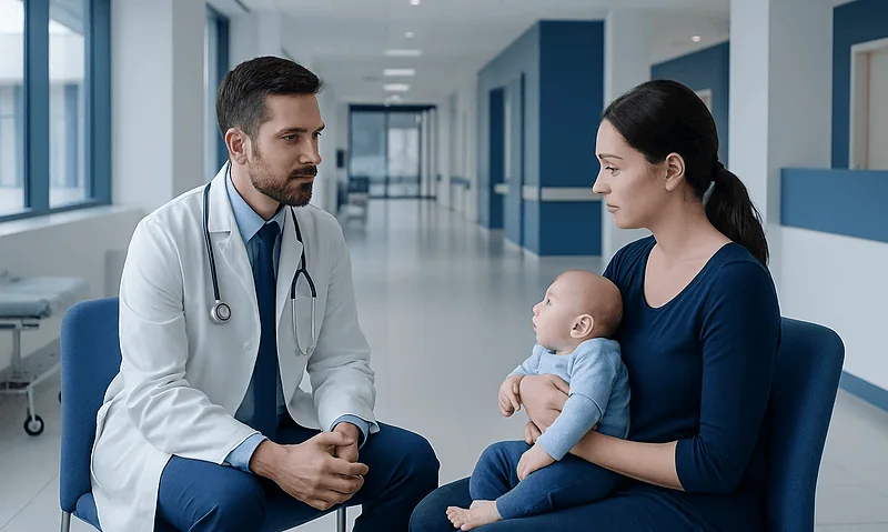 Doctor consulting with mother and baby in hospital corridor.