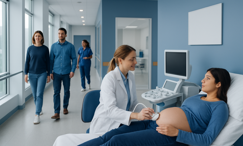Pregnant woman undergoing ultrasound in hospital corridor with medical staff.