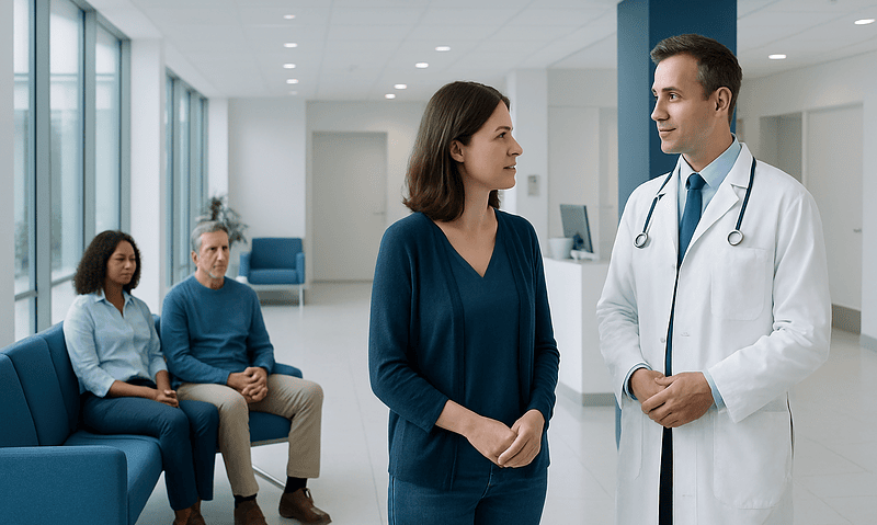 Doctor talking to a female patient in a hospital corridor with waiting patients.