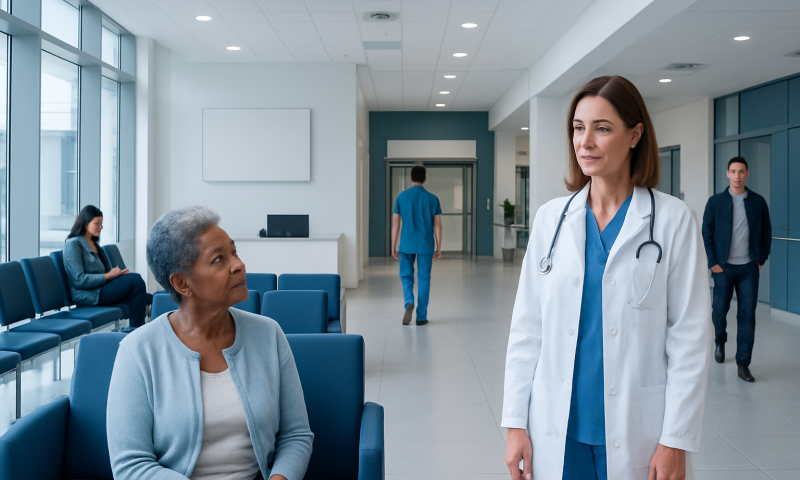 Doctor talking to an elderly patient in hospital waiting area.