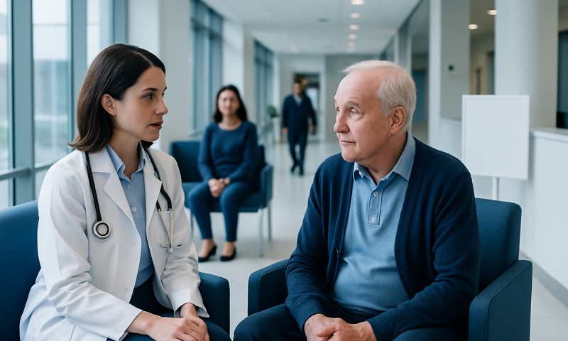Doctor consulting elderly patient in hospital corridor.