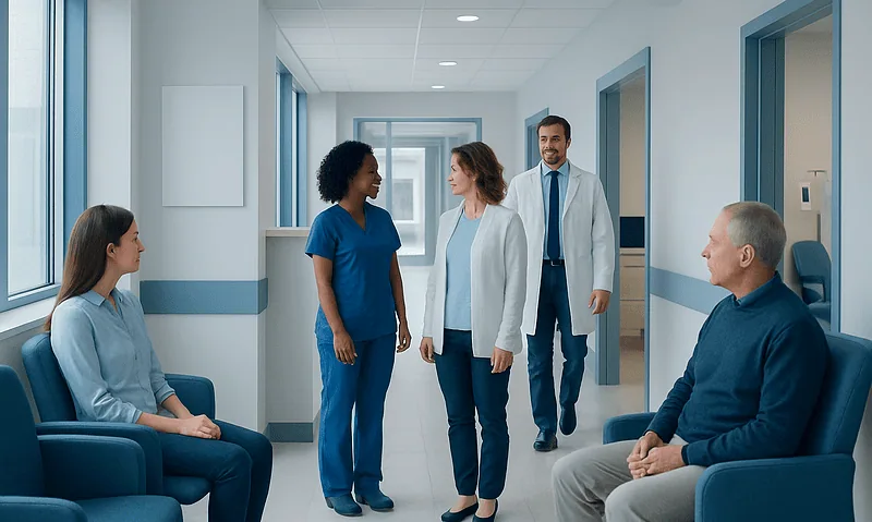 Medical team consulting with patients in hospital corridor.
