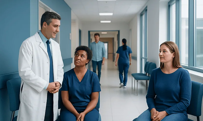Doctor talking to two nurses in hospital corridor.