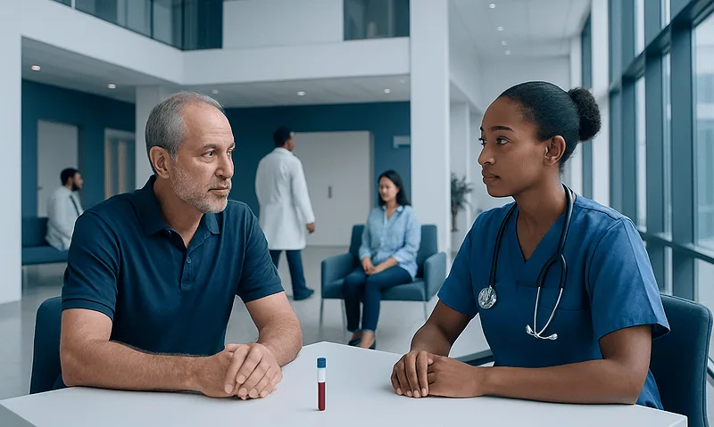 Doctor discussing blood test results with patient in hospital.