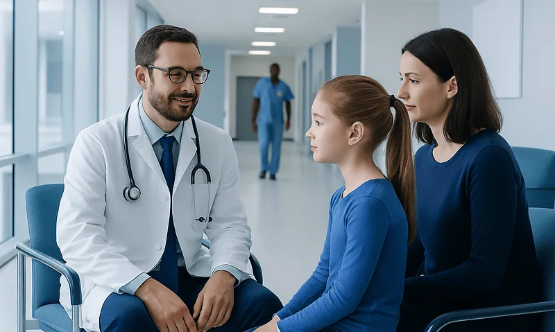 Pediatric liver specialist consulting with young patient and mother in hospital corridor.