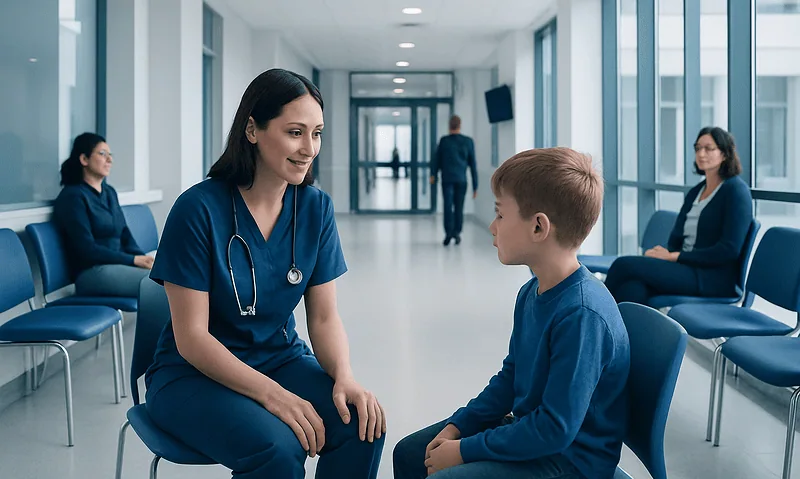 Pediatric occupational therapist consulting with young patient in hospital corridor.