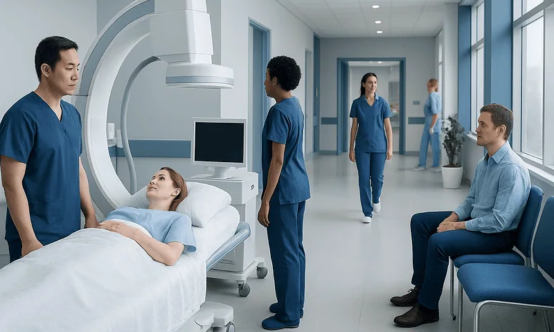 Medical team preparing patient for imaging procedure at Acibadem Hospital.