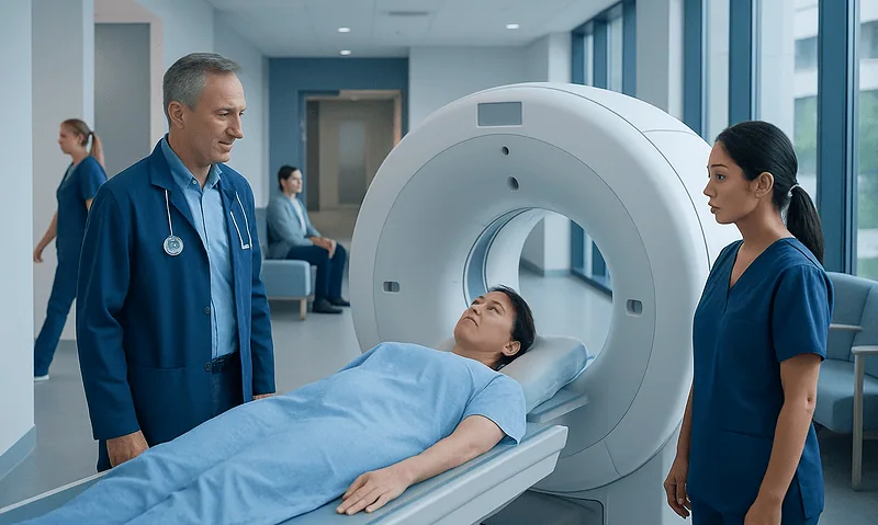 PET Scan of Whole Body: Preparation, Procedure and Results 5 Patient undergoing PET scan in a modern hospital setting with medical staff present.