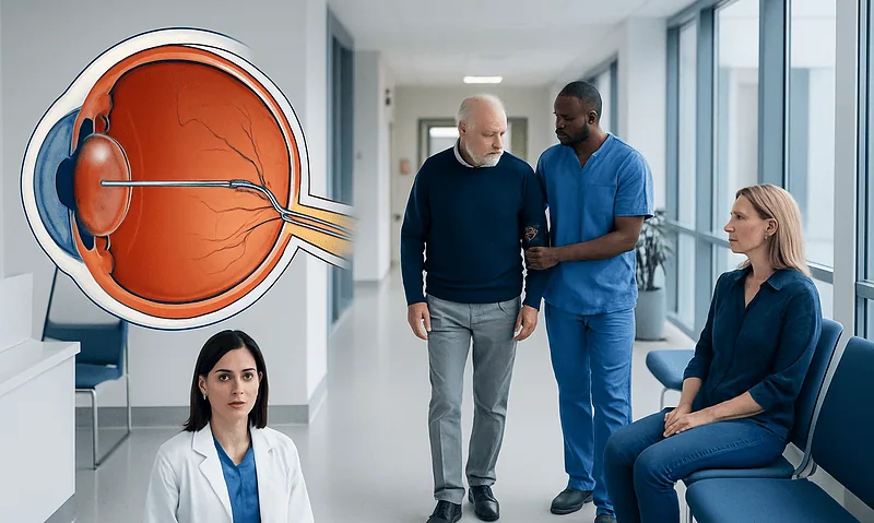 Eye stent illustration with patients and doctor in hospital corridor.