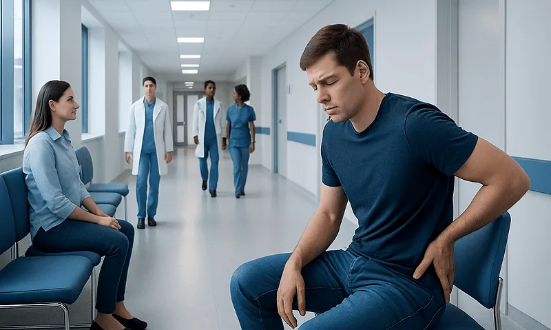 Young man experiencing discomfort in a hospital corridor.