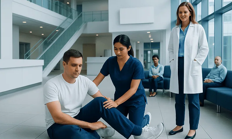 Medical professional examining patient's knee in a modern hospital lobby.