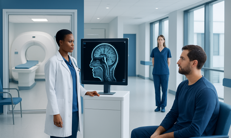 Doctor explaining brain MRI scan to patient in hospital setting.