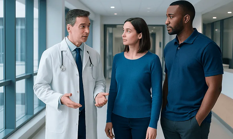 Doctor consulting with a patient and companion in hospital corridor.