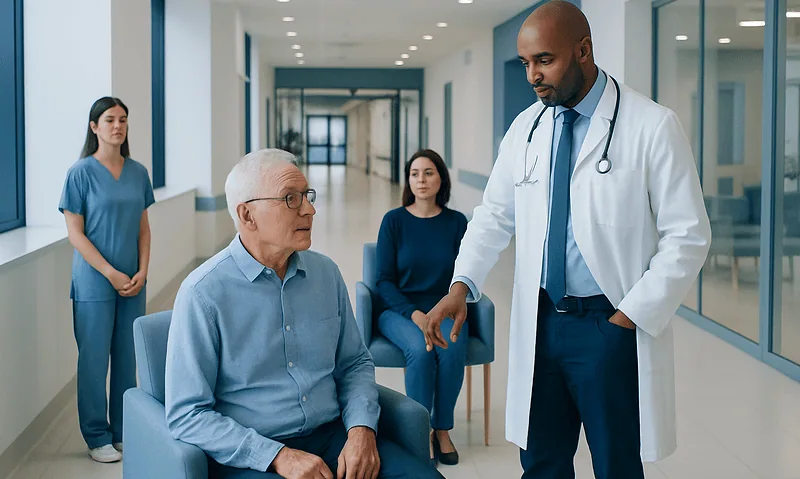 Doctor consulting elderly male patient in hospital corridor with staff in background.