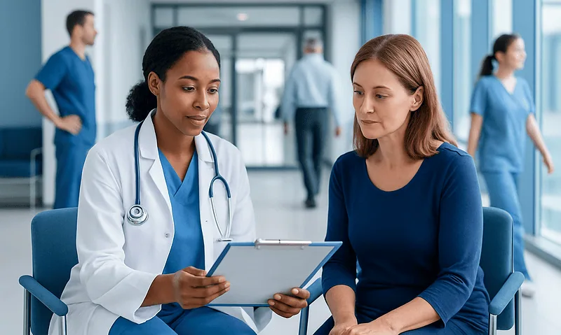 Doctor consulting with patient in hospital corridor.