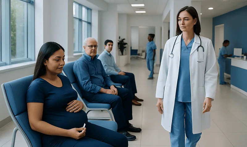Pregnant woman in hospital waiting area with healthcare professionals nearby.