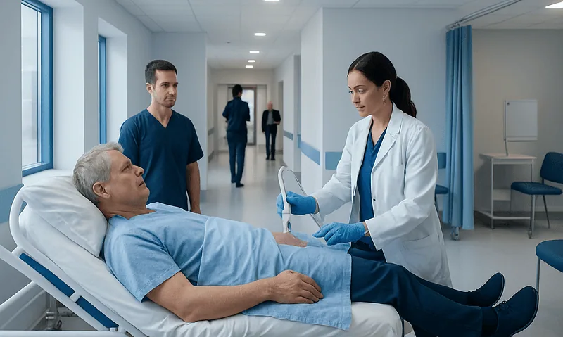 Doctor preparing to perform a prostate biopsy on a patient in hospital.