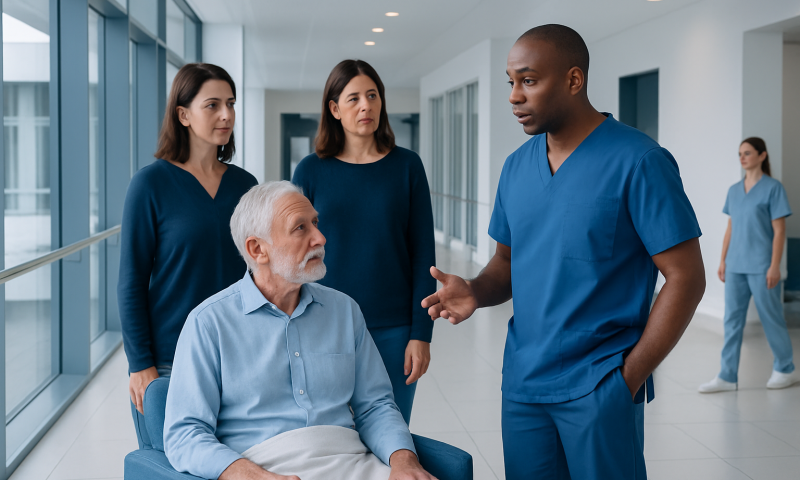Medical consultation with a healthcare professional and family in hospital corridor.