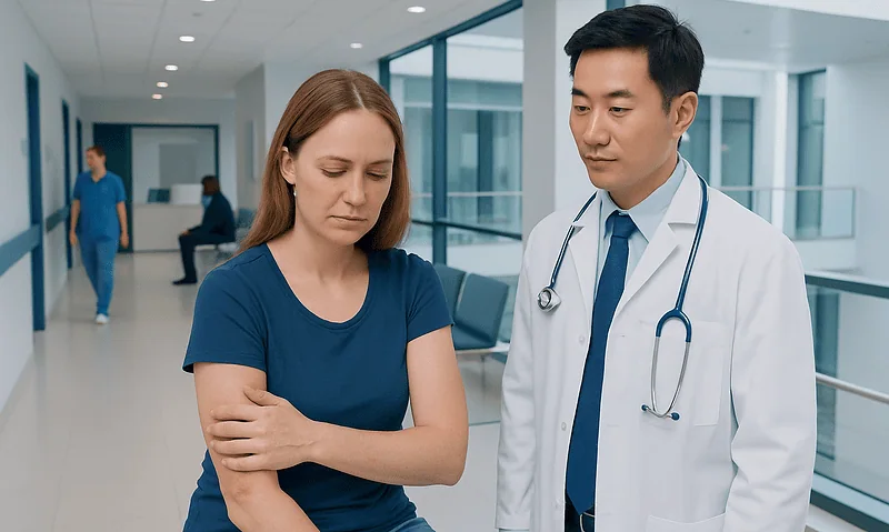 Patient with arm rash consulting a doctor in hospital corridor.