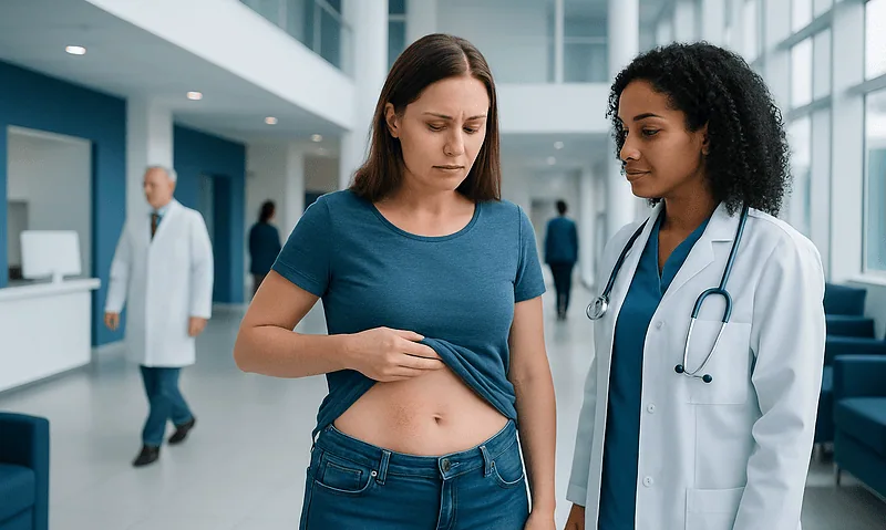 Young woman with stomach pain consulting a doctor in hospital.