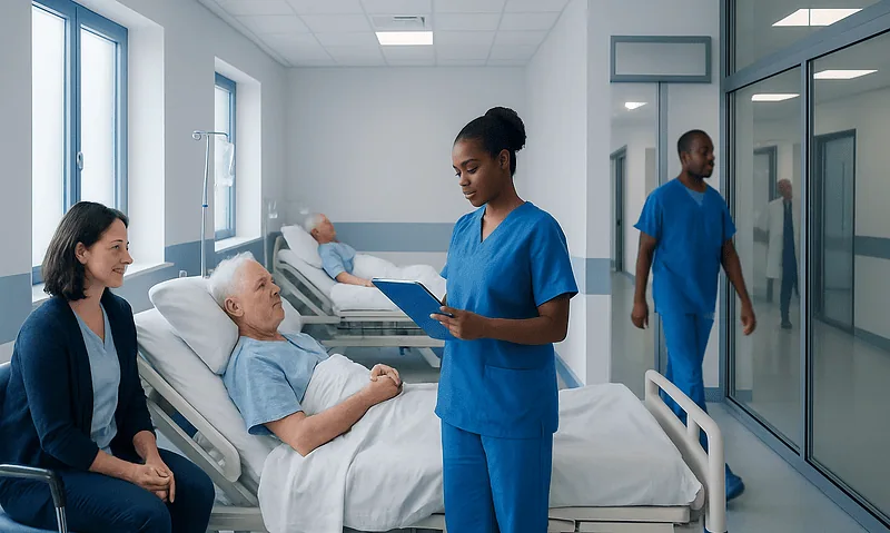 Nursing staff attending to a patient in a hospital recovery room.