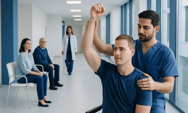Physical therapy session for shoulder rehabilitation at Acibadem Hospital.