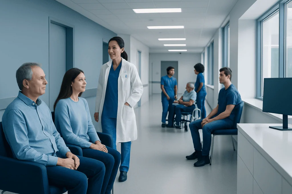 Robertsonian Translocation — Explained by Medical Evidence, Not Myths 1 Medical team consulting patients in a hospital corridor at Acibadem Hospitals Group.