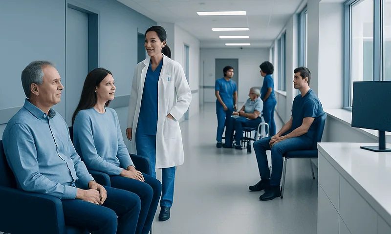 Robertsonian Translocation — Explained by Medical Evidence, Not Myths 1 Medical team consulting patients in a hospital corridor at Acibadem Hospitals Group.